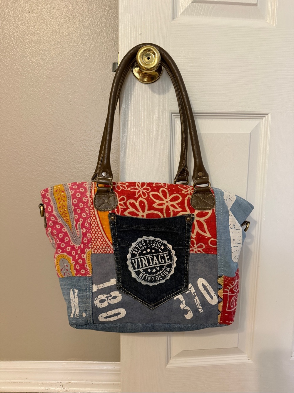 Vintage Patchwork Shoulder Bag with Brown Handles